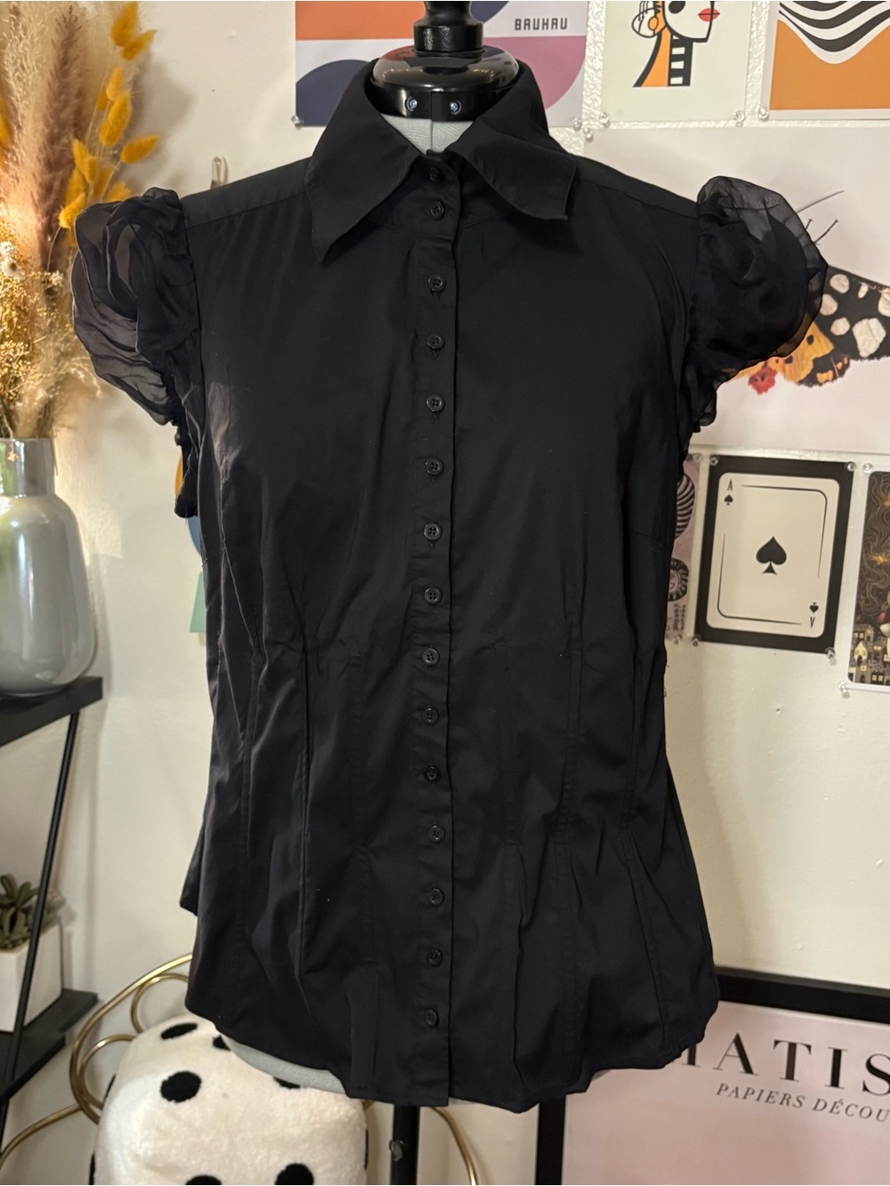 bebe Black Puff Sleeve Button-Front Blouse
